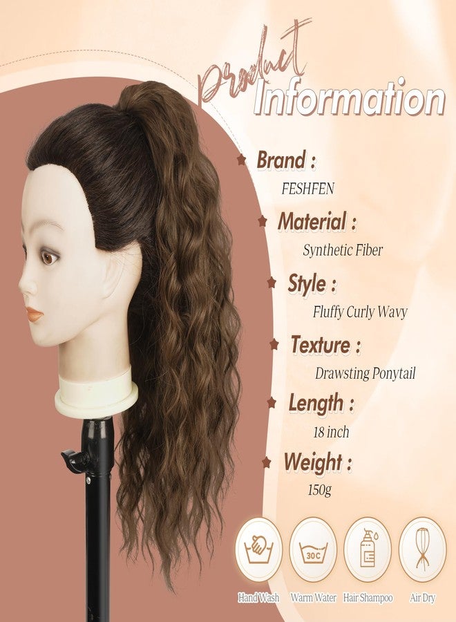 FESHFEN Cheer Ponytail Extensions, 18 inch Long Curly Wavy Drawstring Ponytails Synthetic Pony Tail Hairpieces for Women, Chestnut Brown - Image 4